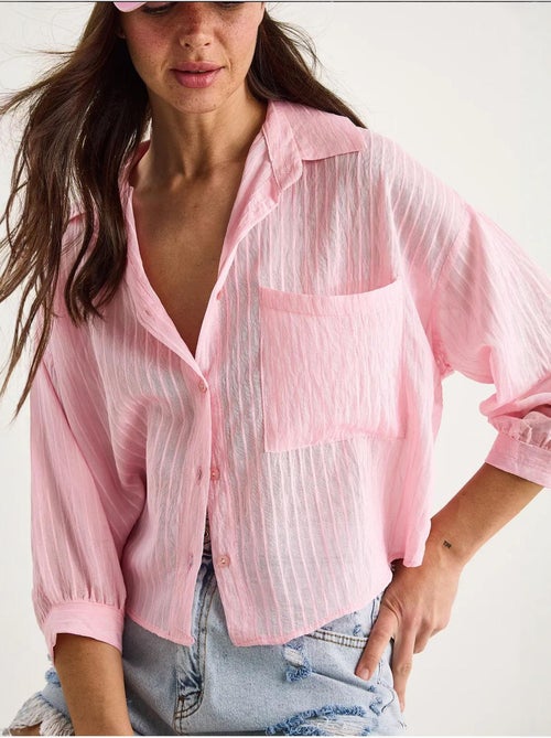 Camisa de media manga con raya del mismo color y un solo bolsillo lucci - Kiabi Camisa de media manga con raya del mismo color y un solo bolsillo lucci - Kiabi
