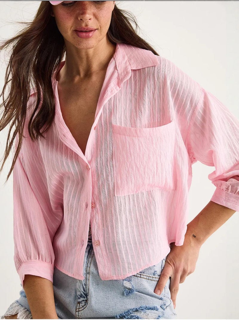 Camisa de media manga con raya del mismo color y un solo bolsillo lucci Rosa claro - Kiabi