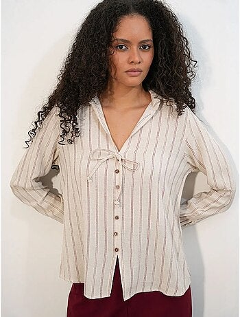 Camisa de mezcla de lino a rayas con detalle de lazada bdart