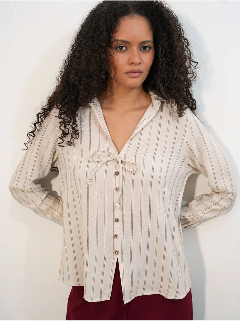 Camisa de mezcla de lino a rayas con detalle de lazada bdart Beige natural - Kiabi