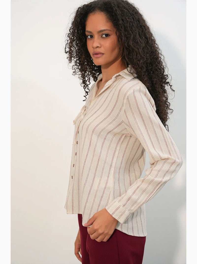 Camisa de mezcla de lino a rayas con detalle de lazada bdart Beige natural - Kiabi