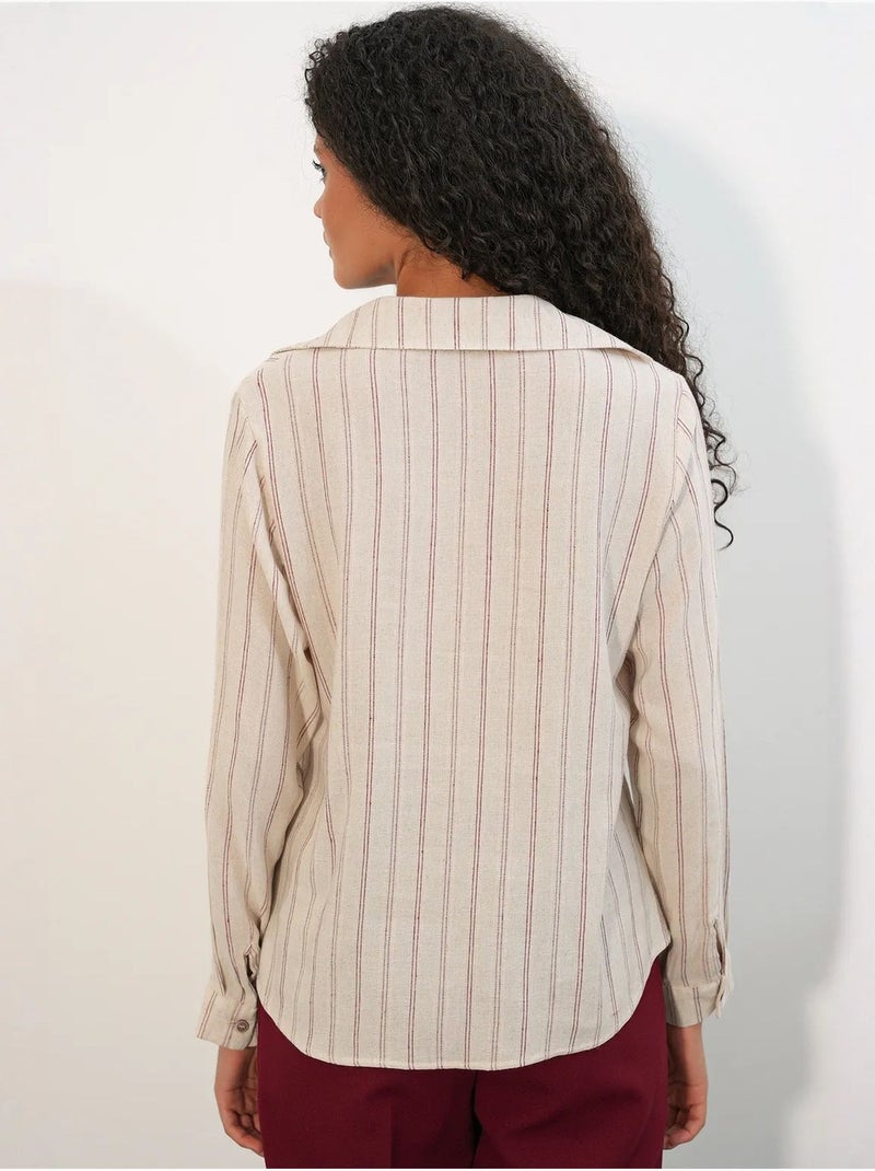 Camisa de mezcla de lino a rayas con detalle de lazada bdart Beige natural - Kiabi