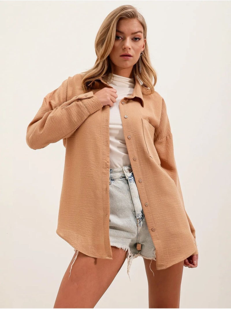Camisa de mezcla de lino con cierre de botones bdart Camel - Kiabi
