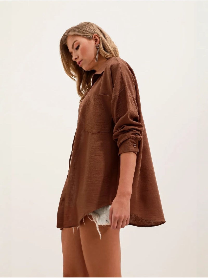 Camisa de mezcla de lino con cierre de botones bdart Marrón chocolate - Kiabi