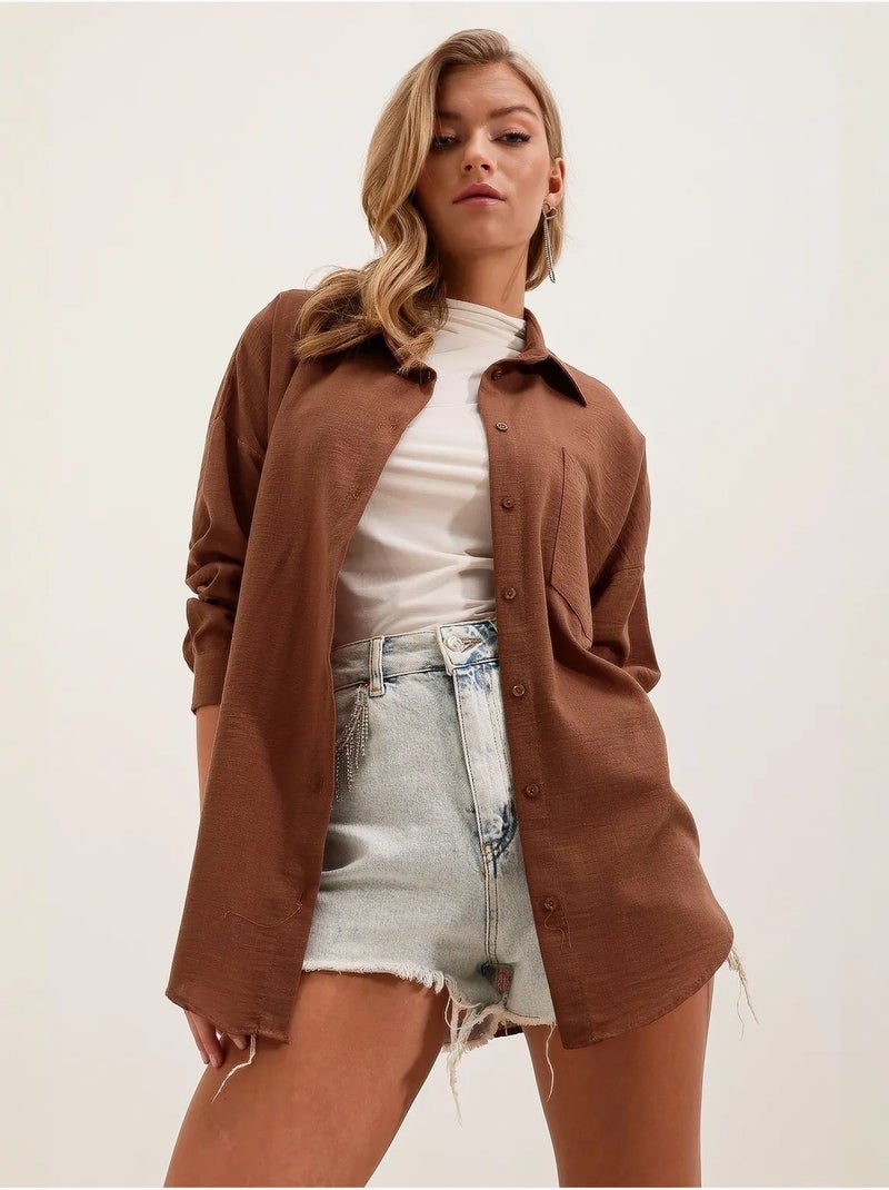 Camisa de mezcla de lino con cierre de botones bdart Marrón chocolate - Kiabi
