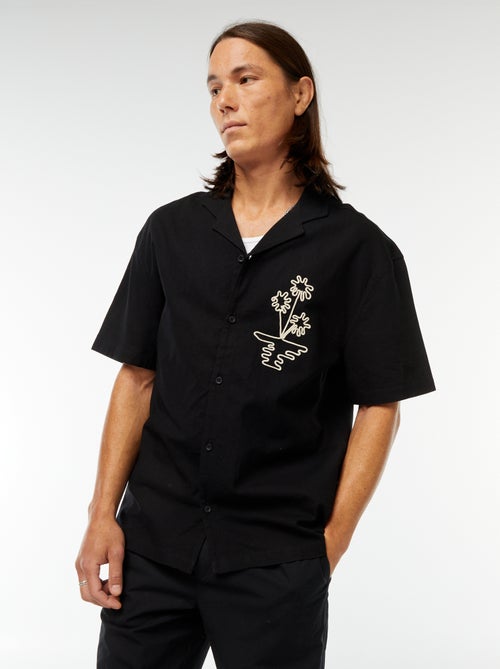 Camisa de mezcla de lino de manga corta con bordados - Kiabi
