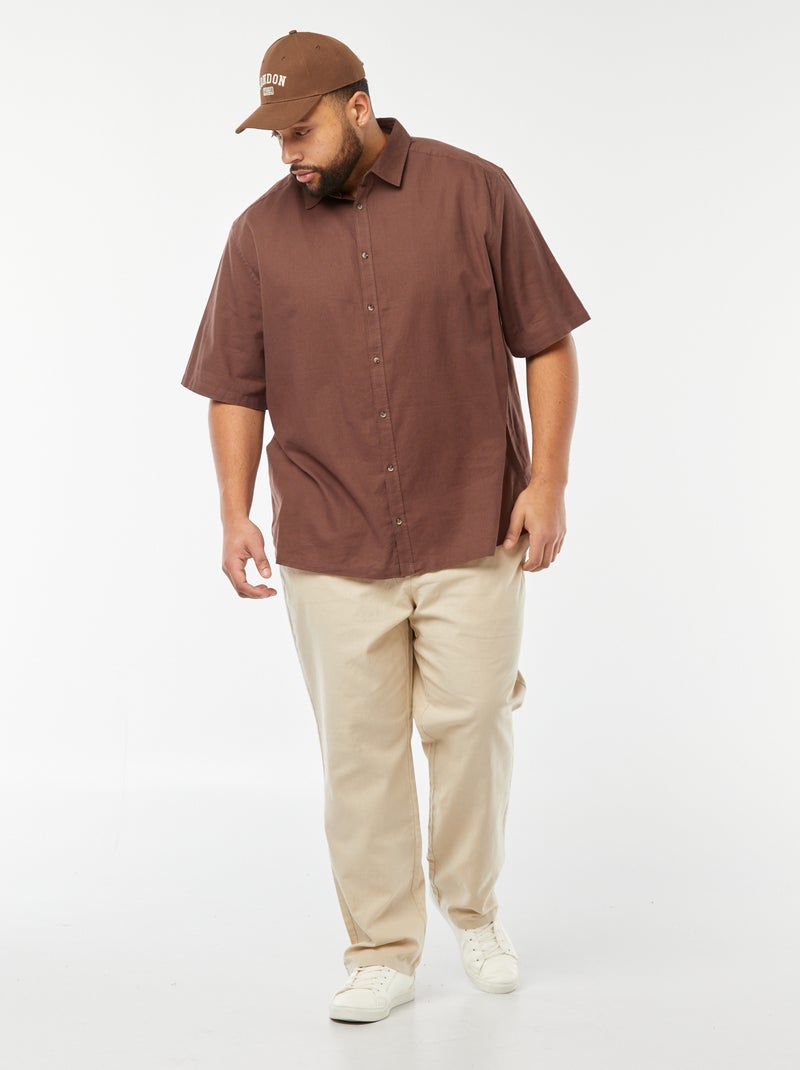 Camisa de mezcla de lino de manga corta MARRON - Kiabi