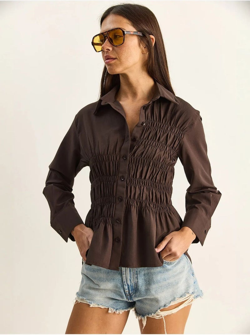 Camisa de mujer de popelín de mezcla de algodón de corte regular lucci Marrón - Kiabi