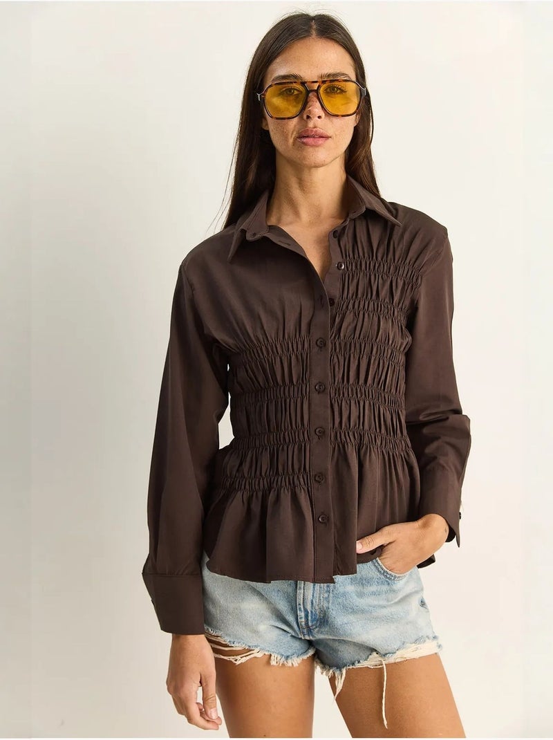 Camisa de mujer de popelín de mezcla de algodón de corte regular lucci Marrón - Kiabi
