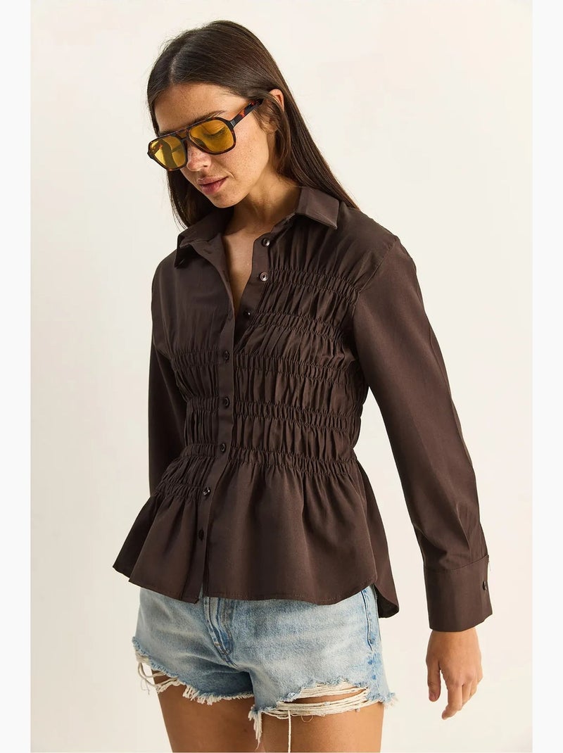Camisa de mujer de popelín de mezcla de algodón de corte regular lucci Marrón - Kiabi