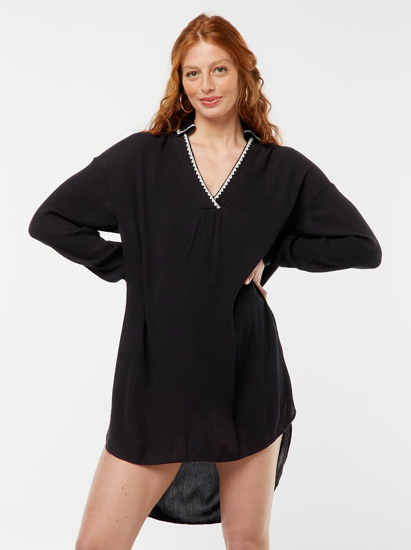 Camisa de playa larga con escote bordado negro - Kiabi