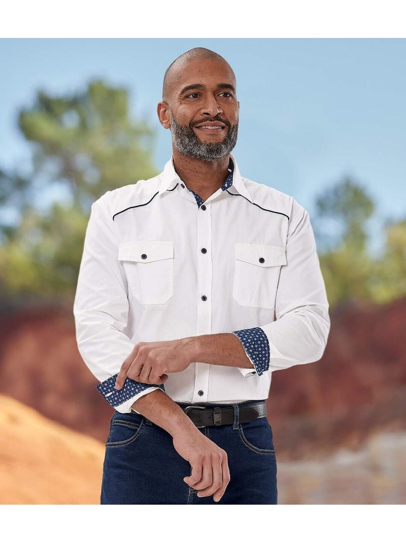 Camisa de popelín 100 % algodón, cuello de puntas libres, estilo country Blanco - Kiabi
