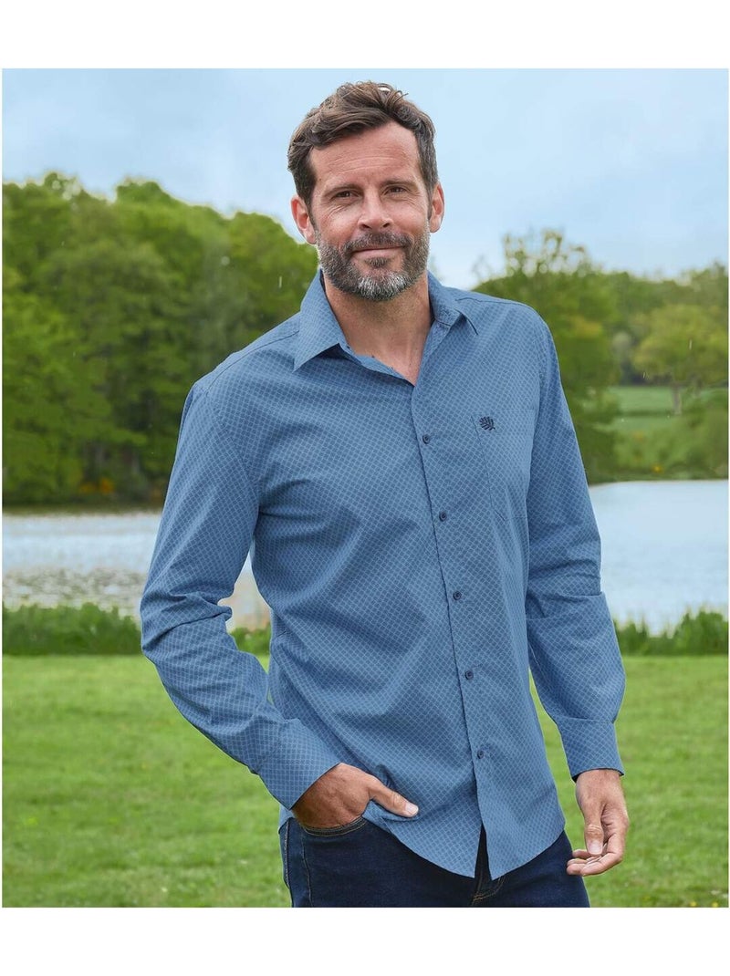 Camisa de popelín con cuello de puntas libres y estampado de micromotivos Azul - Kiabi