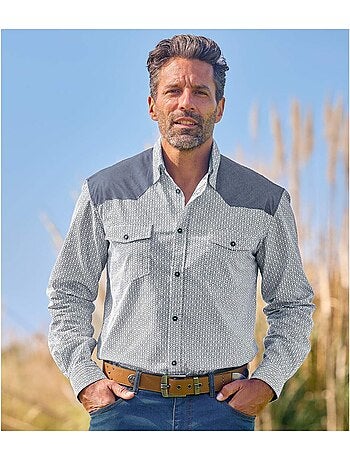 Camisa de popelín con micromotivos, manga larga y cuello de puntas libres