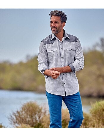 Camisa de popelín con micromotivos, manga larga y cuello de puntas libres