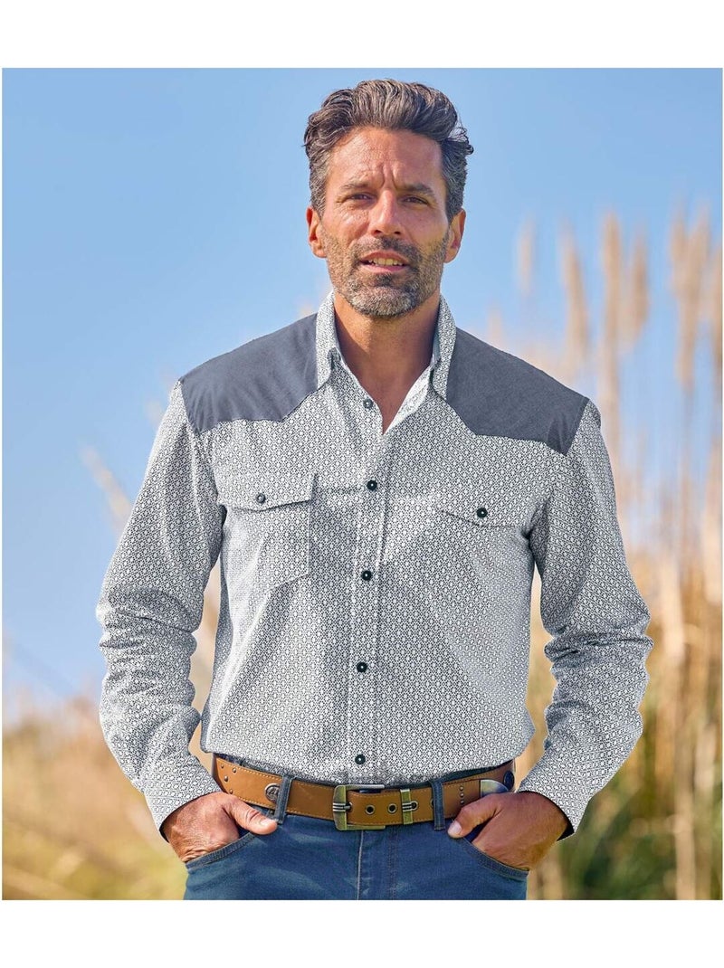 Camisa de popelín con micromotivos, manga larga y cuello de puntas libres Blanco Azul - Kiabi