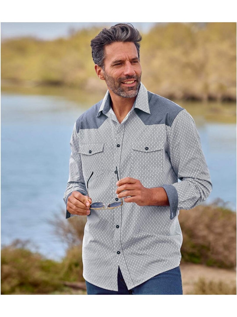 Camisa de popelín con micromotivos, manga larga y cuello de puntas libres Blanco Azul - Kiabi