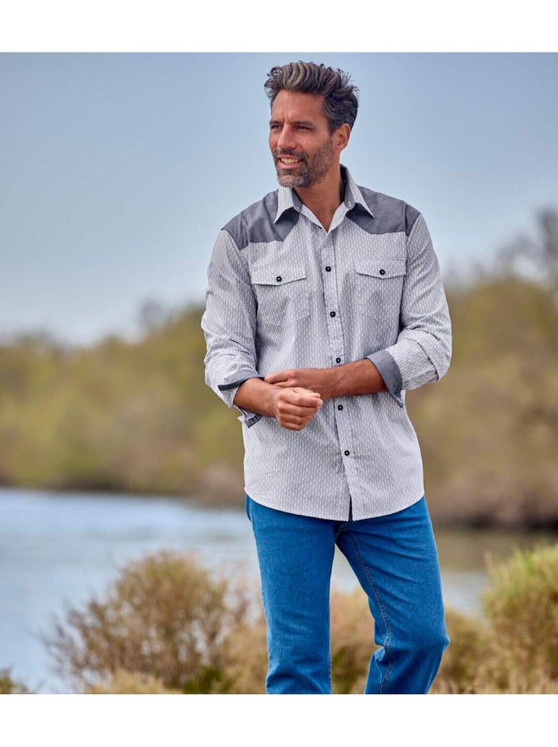 Camisa de popelín con micromotivos, manga larga y cuello de puntas libres Blanco Azul - Kiabi