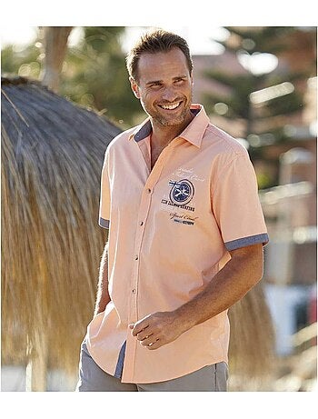 Camisa de manga corta de popelín flameado con cuello de puntas libres