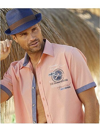 Camisa de manga corta de popelín flameado con cuello de puntas libres