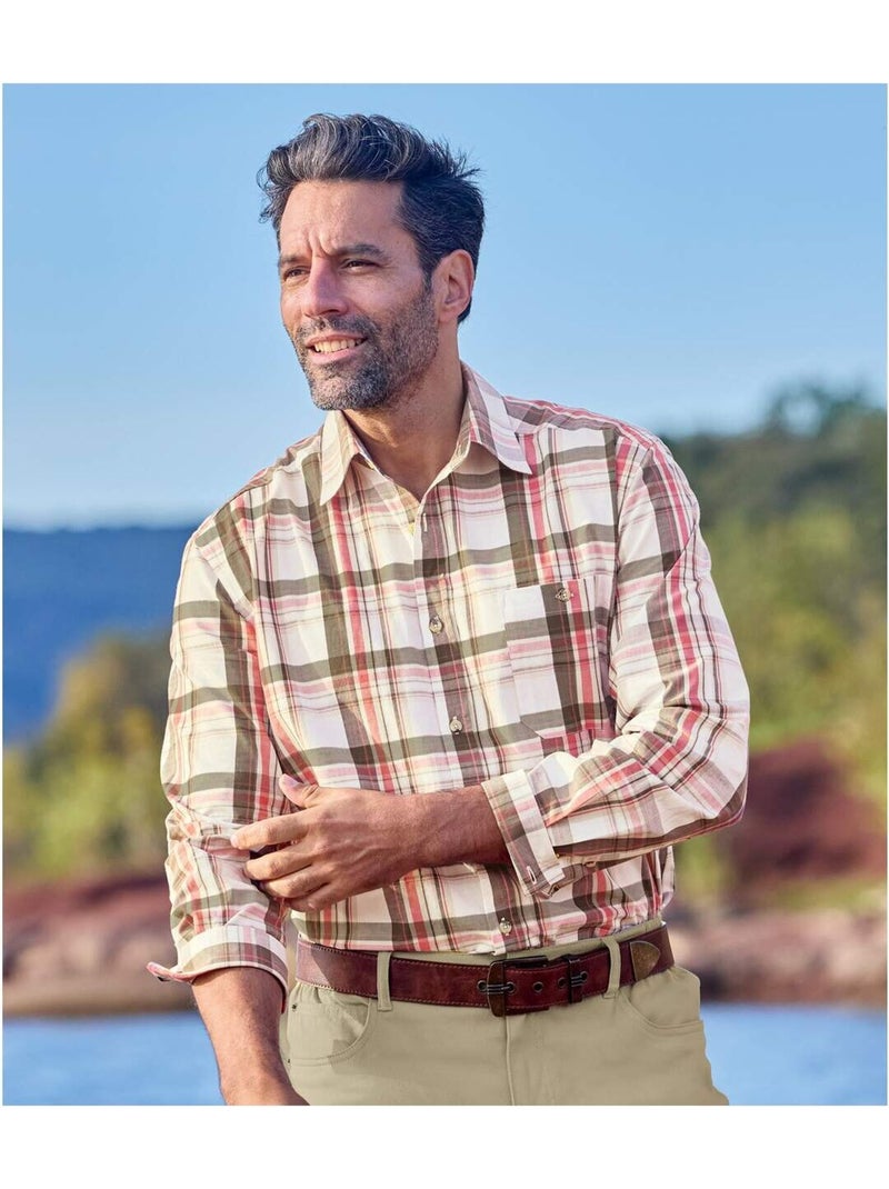 Camisa de popelín de cuadros con cuello de puntas libres Verde/Naranja - Kiabi