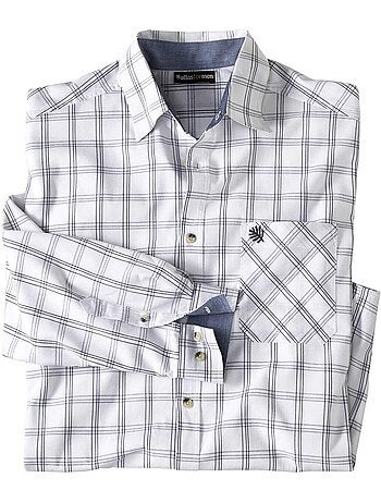 Camisa de popelín de cuadros tejidos, manga larga, cuello de puntas libres