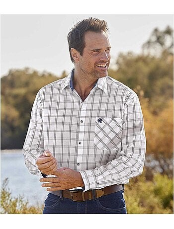 Camisa de popelín de cuadros tejidos, manga larga, cuello de puntas libres