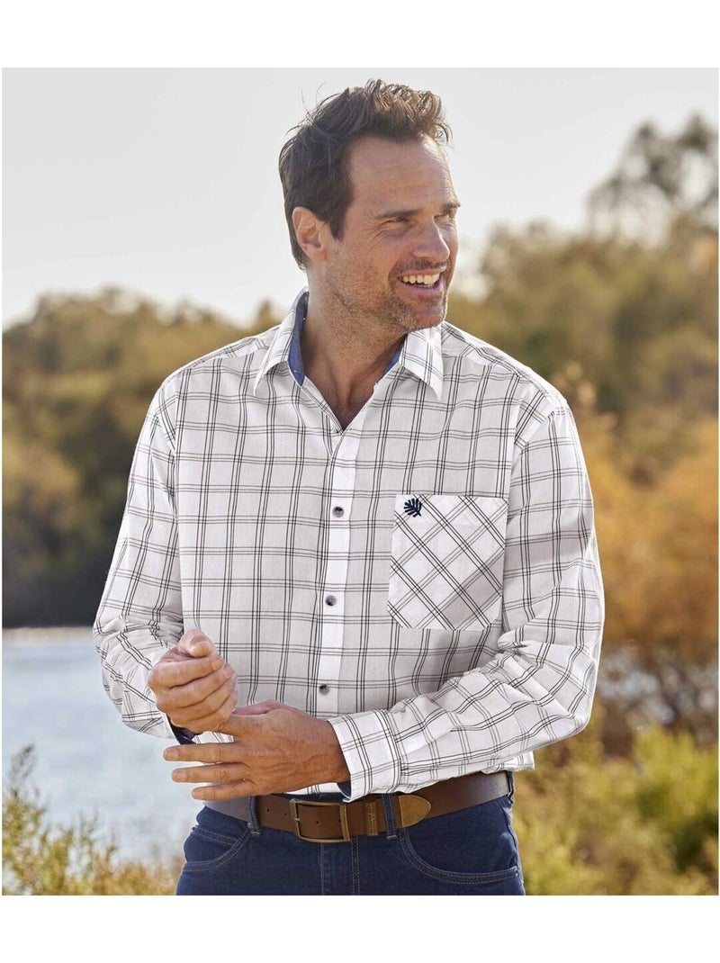 Camisa de popelín de cuadros tejidos, manga larga, cuello de puntas libres Blanco - Kiabi