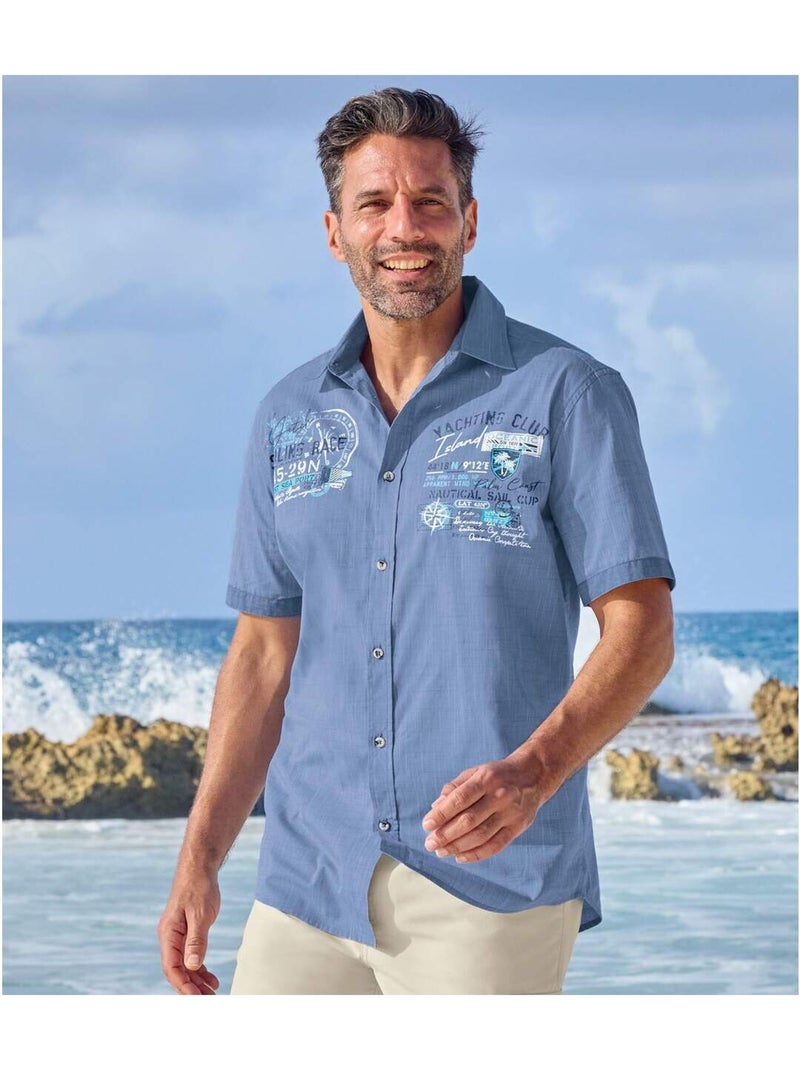 Camisa de popelín flameado de manga corta con cuello de puntas libres Azul marino - Kiabi