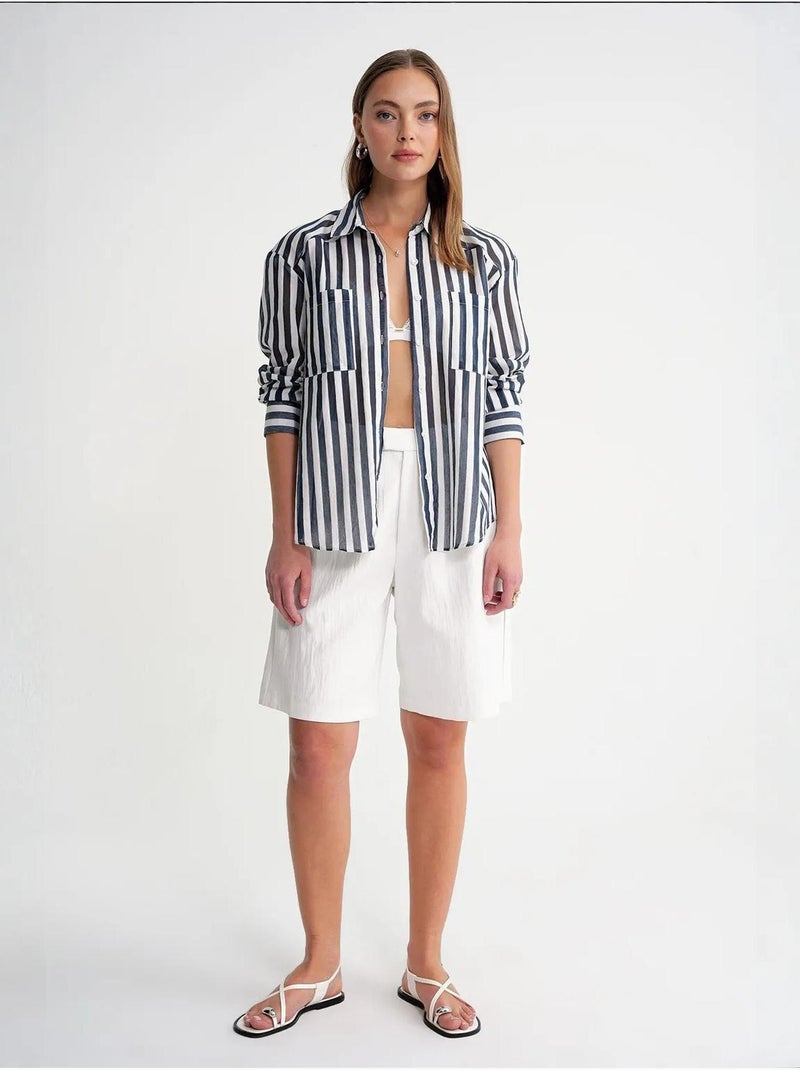 Camisa de popelina a rayas con bolsillo mixray Azul marino - Kiabi