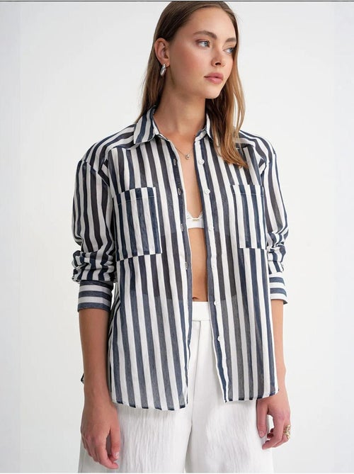 Camisa de popelina a rayas con bolsillo mixray - Kiabi Camisa de popelina a rayas con bolsillo mixray - Kiabi