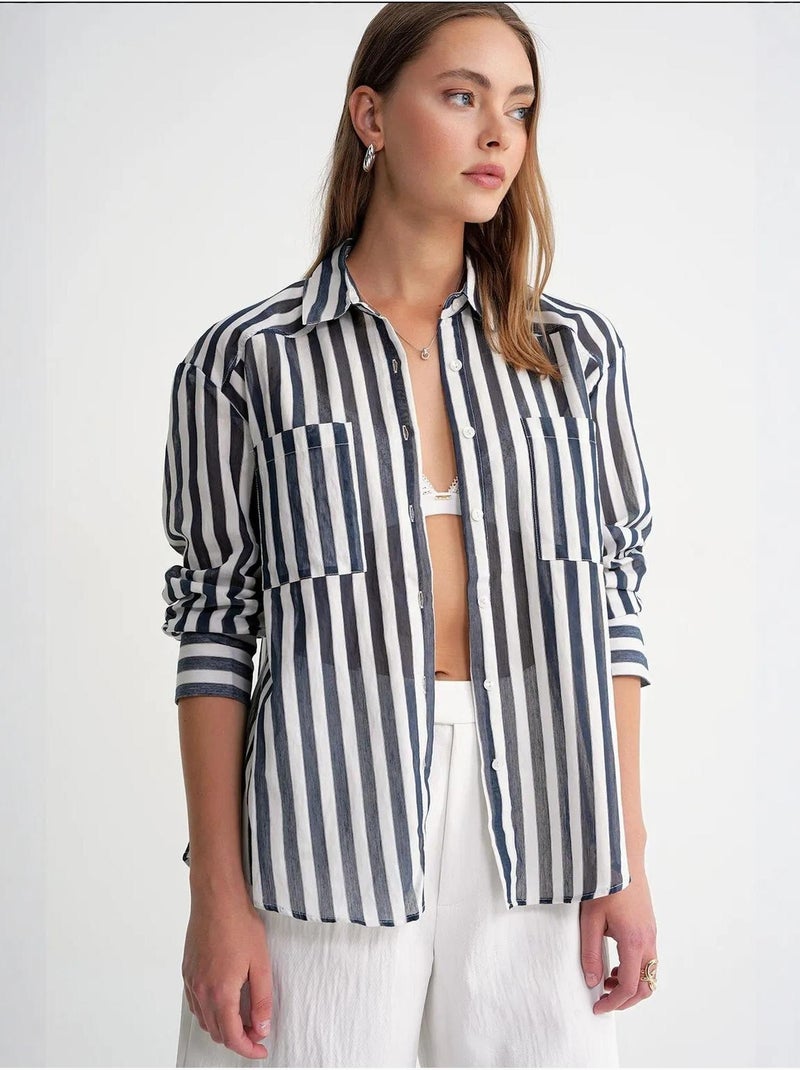 Camisa de popelina a rayas con bolsillo mixray Azul marino - Kiabi