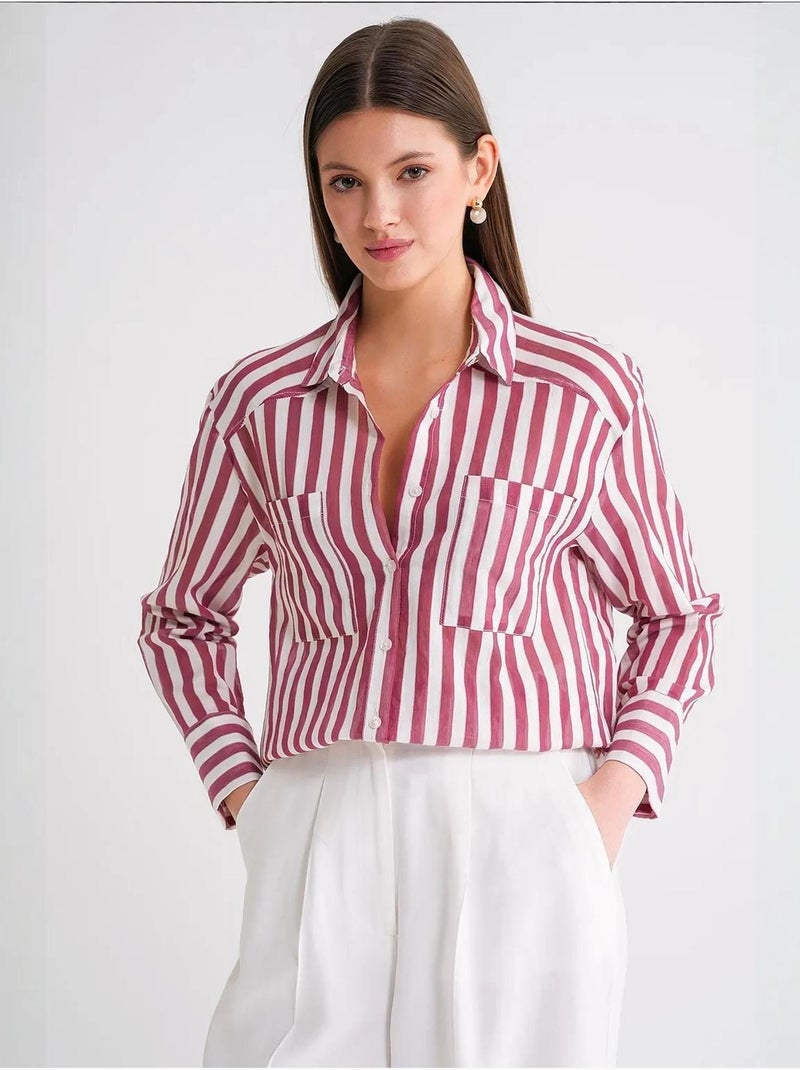 Camisa de popelina a rayas con bolsillo mixray Rojo burdeos - Kiabi