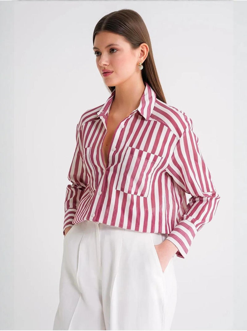 Camisa de popelina a rayas con bolsillo mixray Rojo burdeos - Kiabi