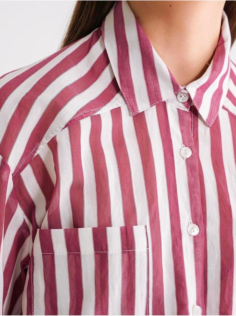 Camisa de popelina a rayas con bolsillo mixray Rojo burdeos - Kiabi