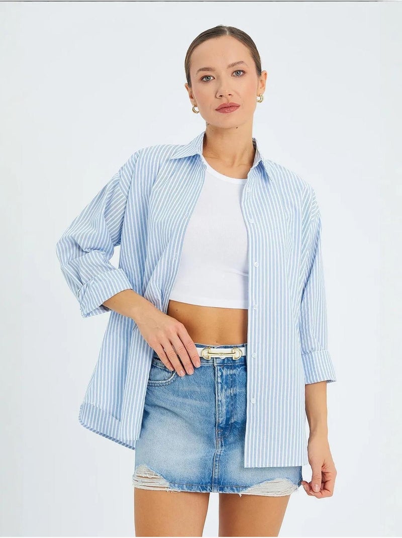 Camisa de popelina a rayas con botones mixray Azul claro - Kiabi