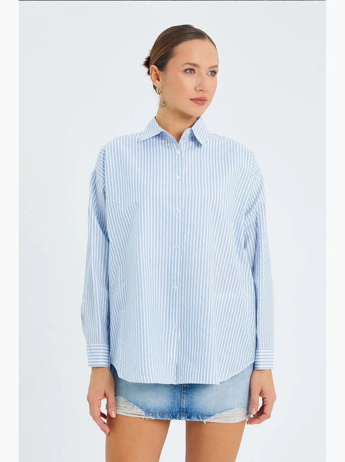 Camisa de popelina a rayas con botones mixray - Kiabi Camisa de popelina a rayas con botones mixray - Kiabi
