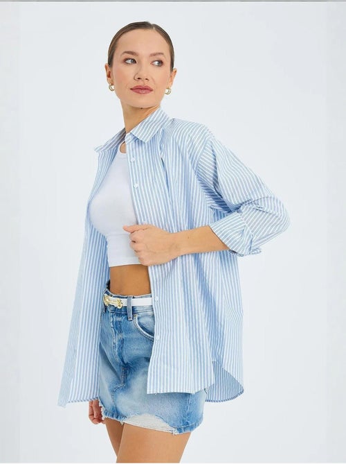 Camisa de popelina a rayas con botones mixray - Kiabi Camisa de popelina a rayas con botones mixray - Kiabi