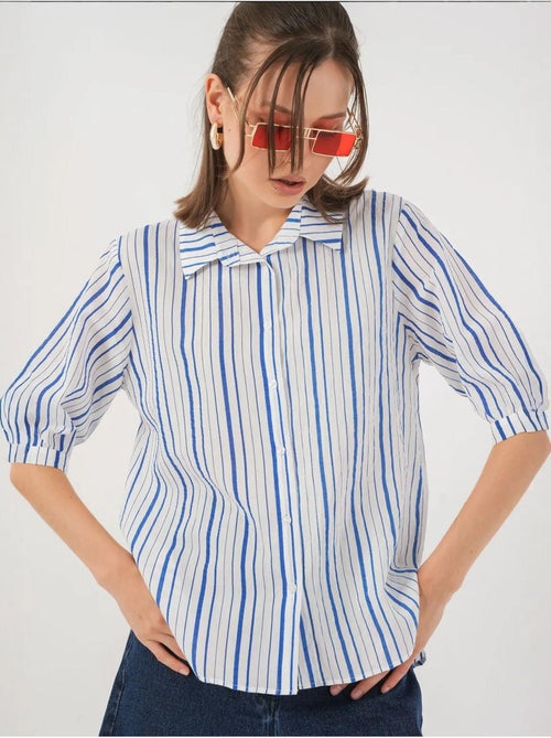 Camisa de popelina a rayas con mangas tres cuartos bdart - Kiabi Camisa de popelina a rayas con mangas tres cuartos bdart - Kiabi