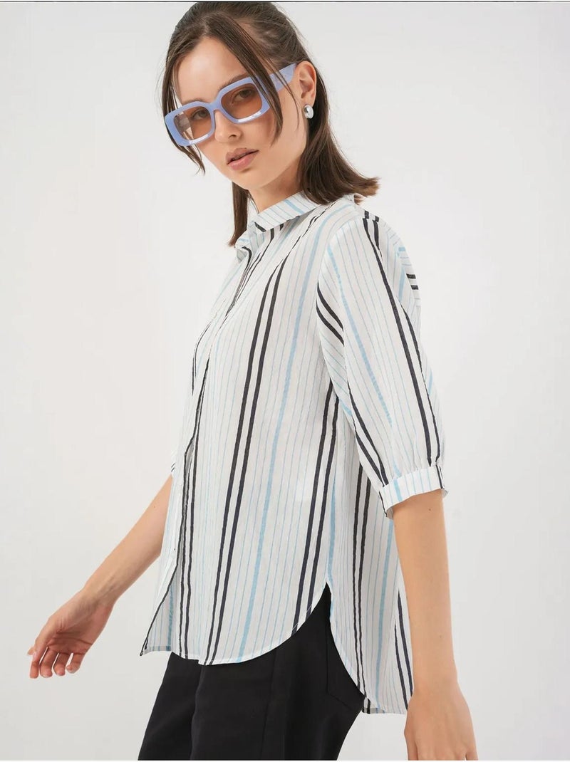 Camisa de popelina a rayas con mangas tres cuartos bdart Azul pastel - Kiabi