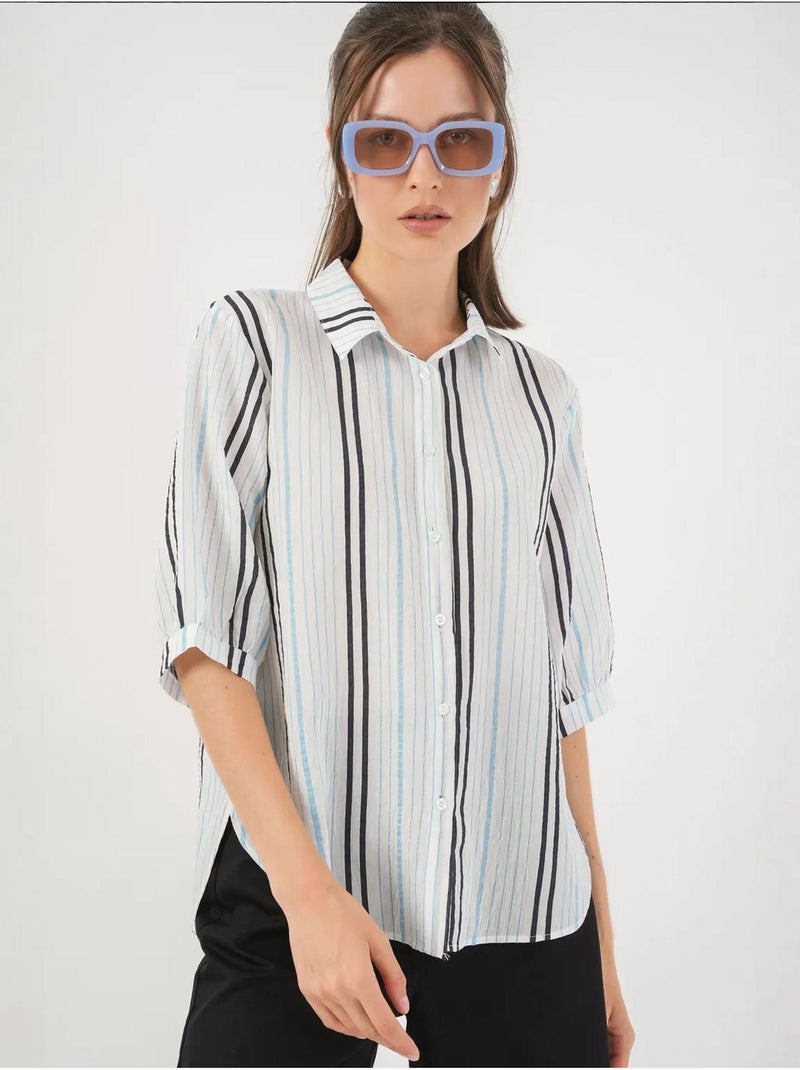 Camisa de popelina a rayas con mangas tres cuartos bdart Azul pastel - Kiabi