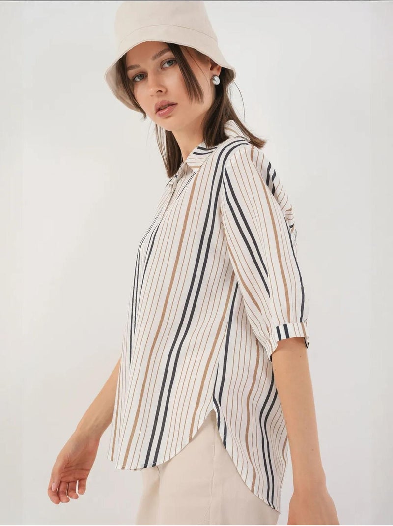 Camisa de popelina a rayas con mangas tres cuartos bdart Blanco roto - Kiabi