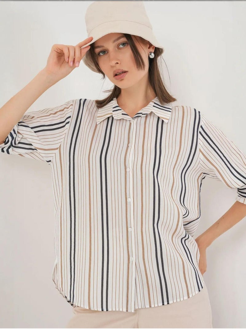 Camisa de popelina a rayas con mangas tres cuartos bdart Blanco roto - Kiabi