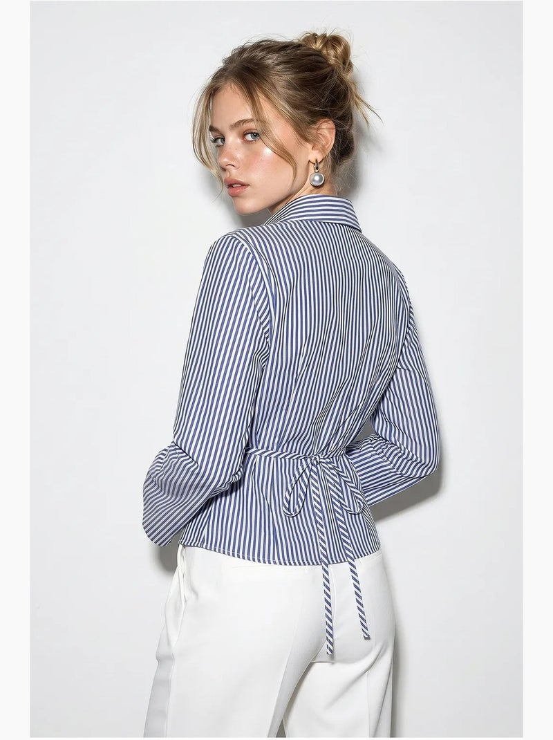 Camisa de popelina a rayas entallada con detalle de lazada lucci Azul marino - Kiabi