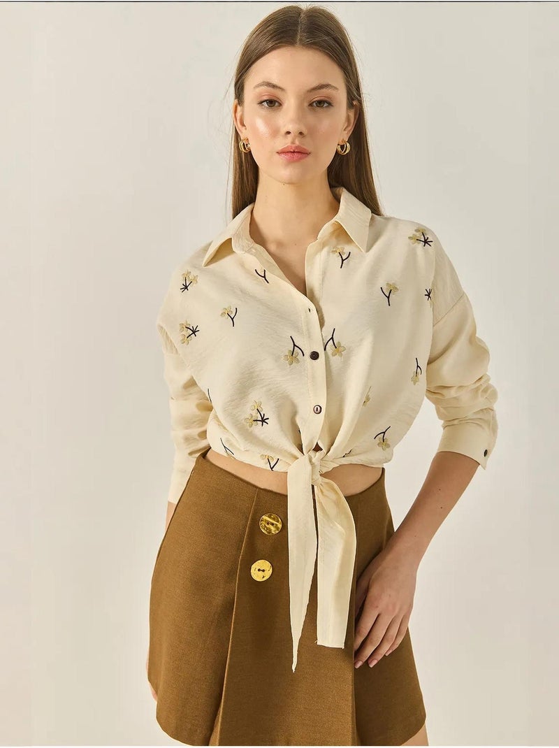 Camisa de popelina bordada con cierre de botones lucci Crema - Kiabi
