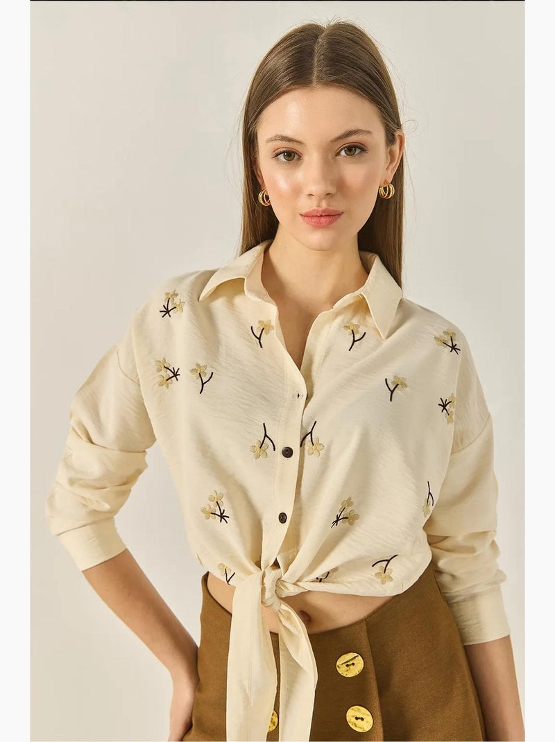 Camisa de popelina bordada con cierre de botones lucci Crema - Kiabi