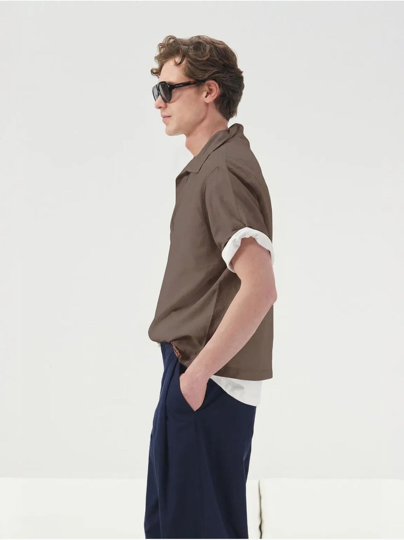 Camisa de popelina de manga corta de corte relaxed giesto Marrón claro - Kiabi