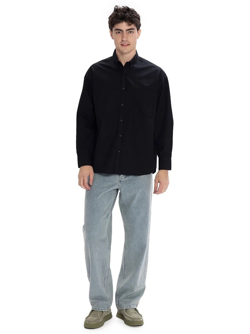 Camisa de popelina de manga larga con corte regular y cierre de botones giesto Negro - Kiabi