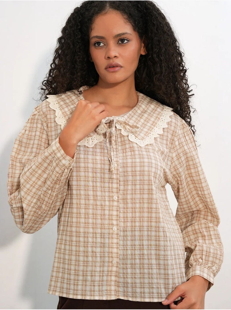 Camisa de popelina de viscosa a cuadros para mujer bdart Beige arcilla - Kiabi