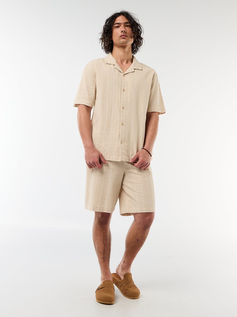 Camisa de punto gofrado de manga corta Beige - Kiabi
